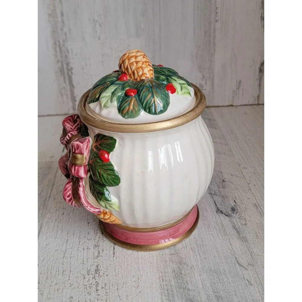 Bow pinecone mini‎ cookie vase jar vintage home decor mistletoe xmas